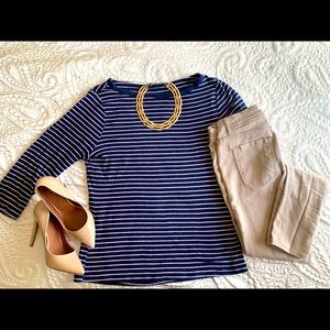 Navy and tan stripped quarter sleeve shirt